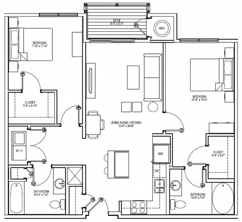 Floor plan for 2 beds, 2 baths, 1083 sqft